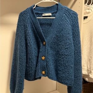 ZARA Teal Blue Chunky Knit Button-Front Women's Cardigan